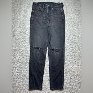 American Eagle Jeans Womens 4 Mom Jean Strigid Black Stretch Distresed Knee Hole